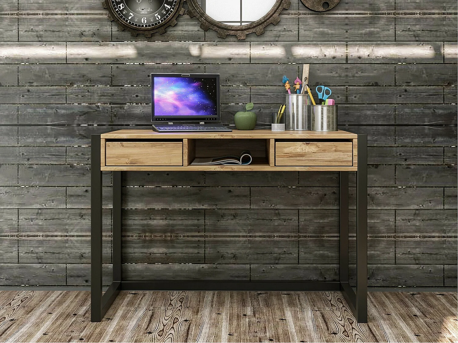 Mesa de oficina Kailua 711, Con cajones, Número de cajones: 2.00, 77x105x55cm, Pino|Negro