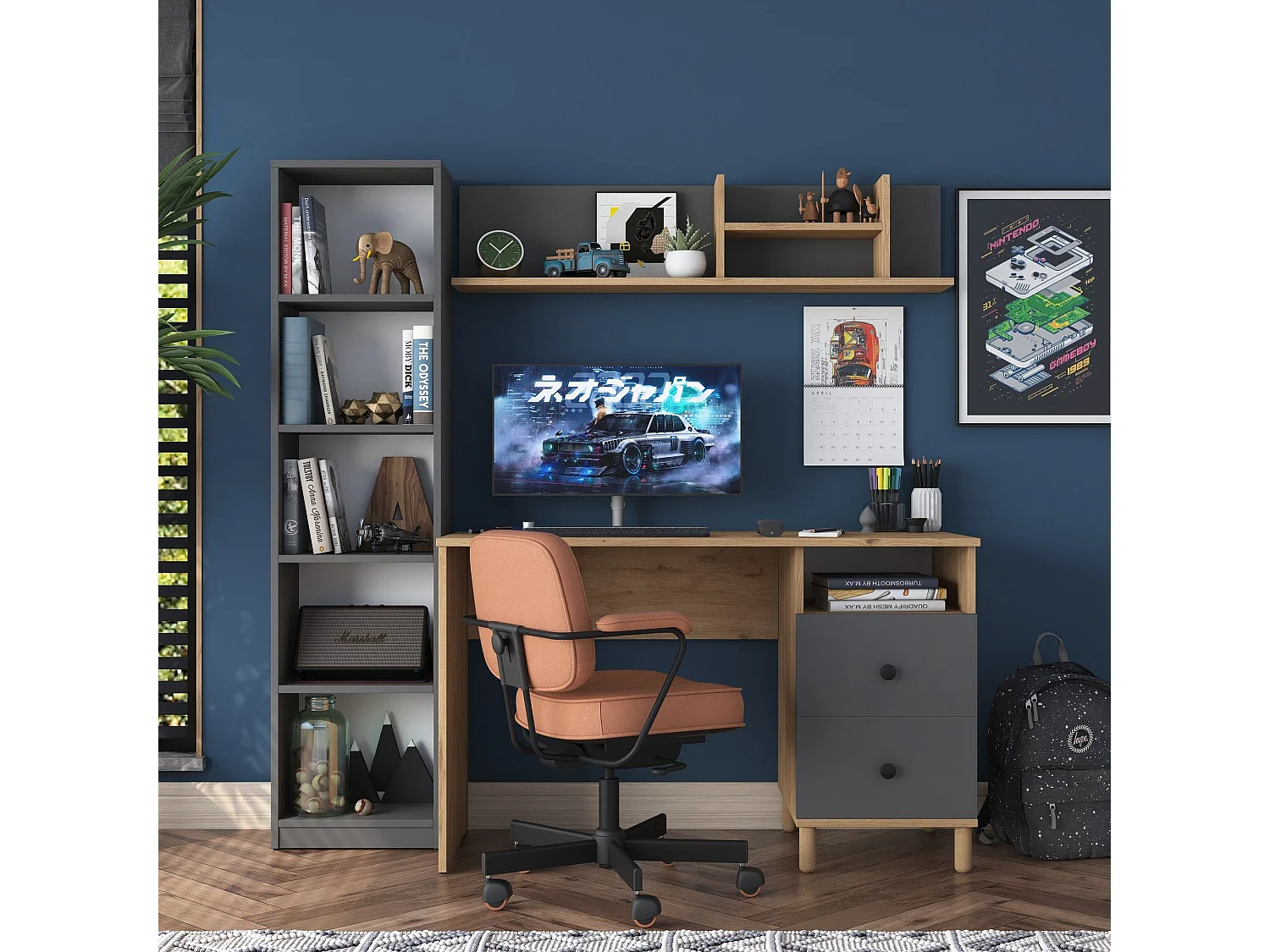 Secretária Steven com Prateleiras e Estante - Design Moderno em Nogueira e Antracite - 120x161.8x50 cm