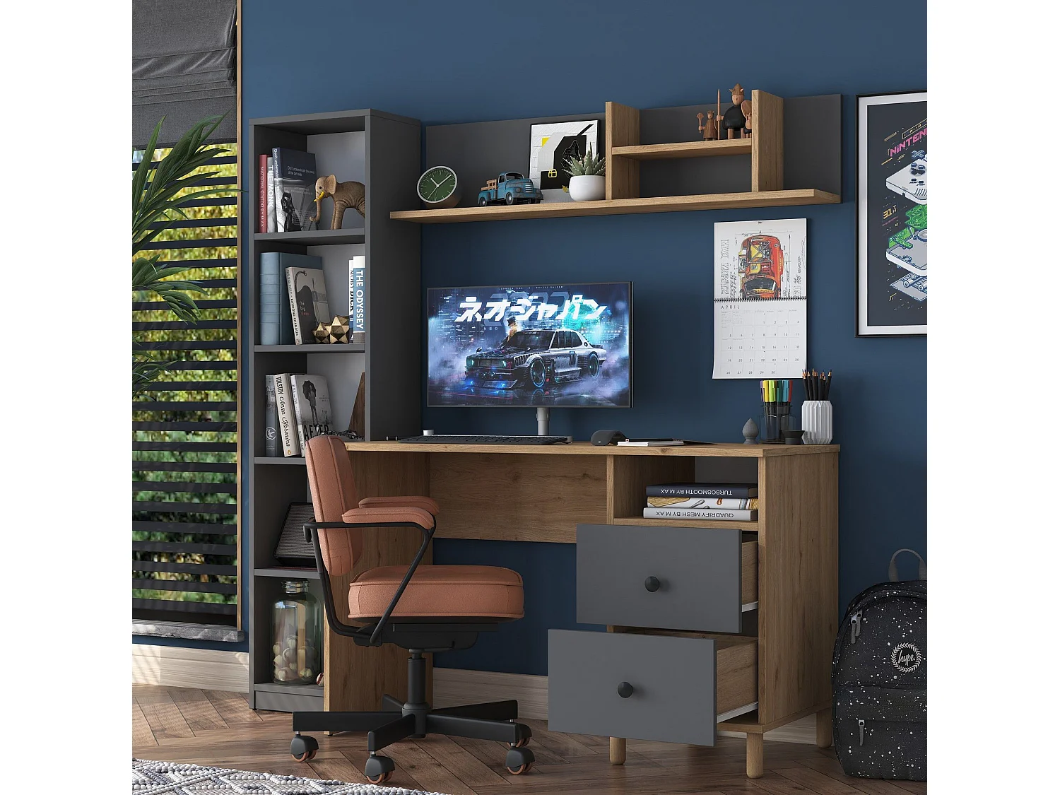 Secretária Steven com Prateleiras e Estante - Design Moderno em Nogueira e Antracite - 120x161.8x50 cm