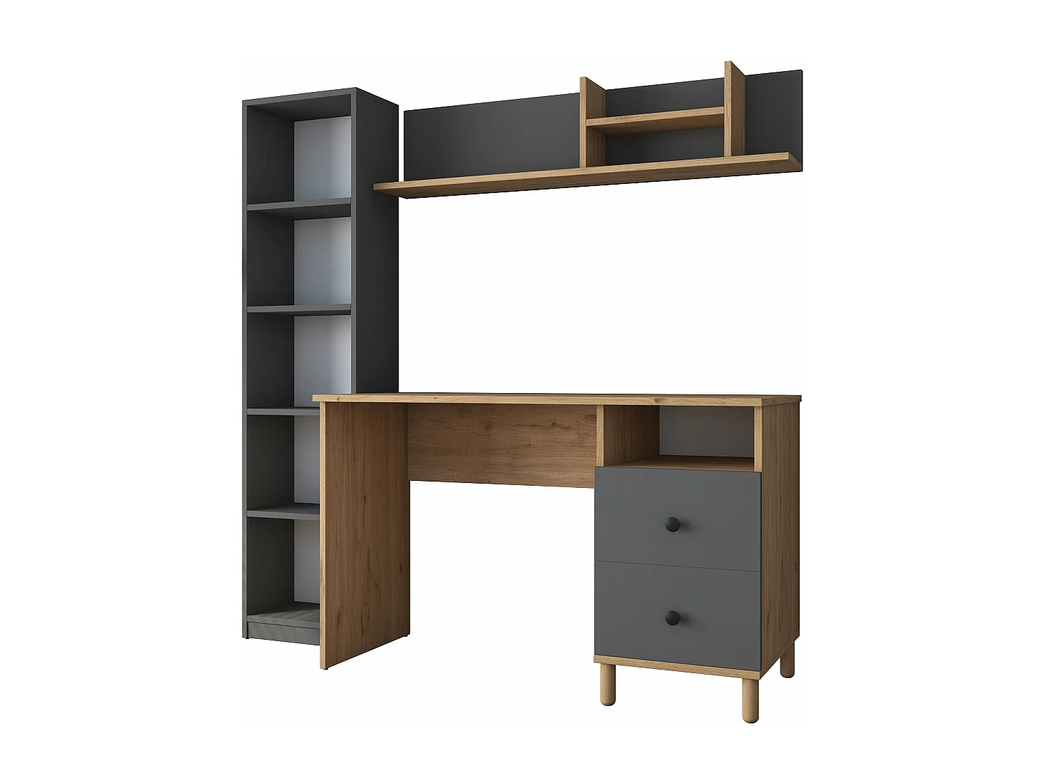 Secretária Steven com Prateleiras e Estante - Design Moderno em Nogueira e Antracite - 120x161.8x50 cm