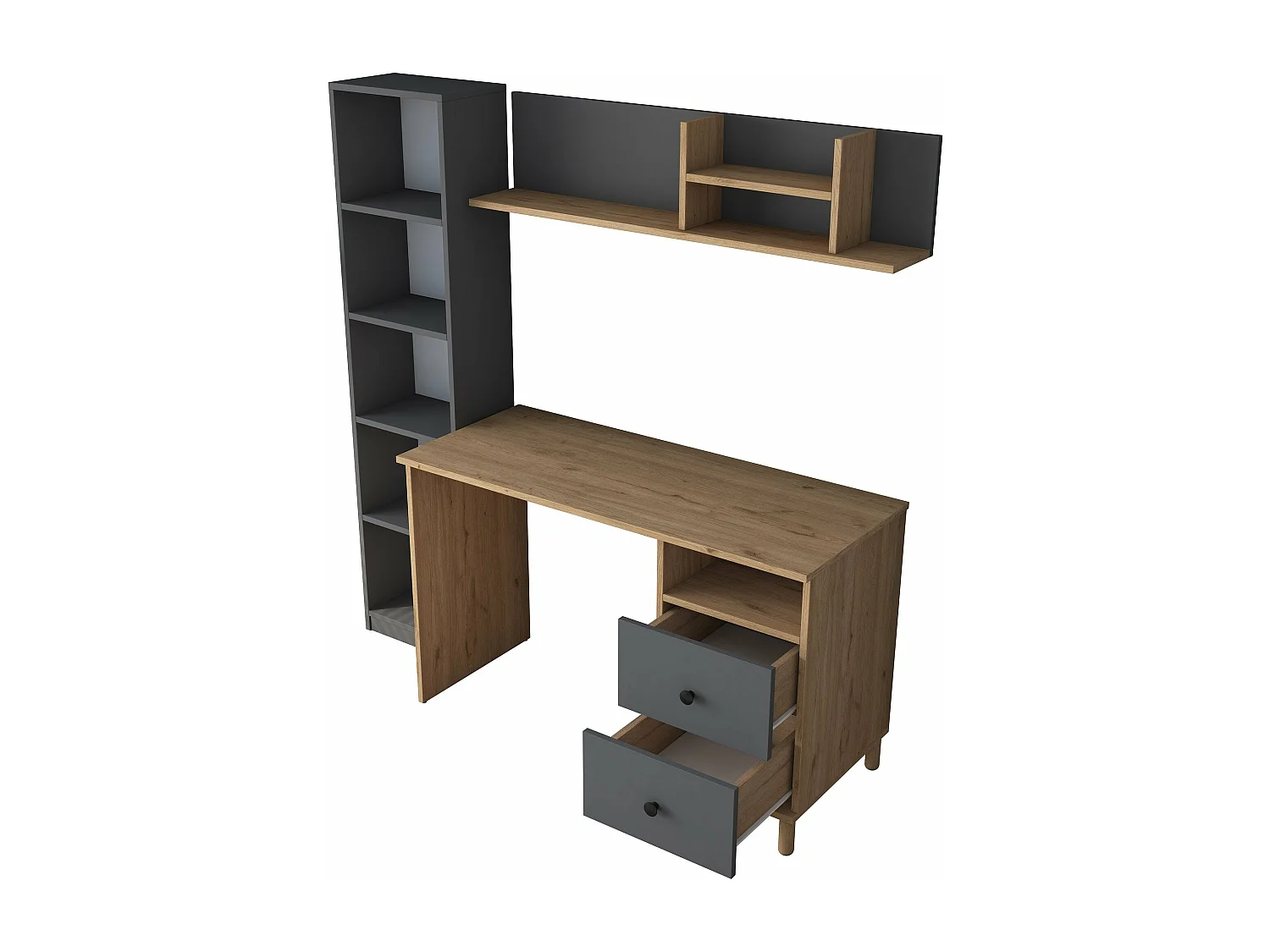 Secretária Steven com Prateleiras e Estante - Design Moderno em Nogueira e Antracite - 120x161.8x50 cm