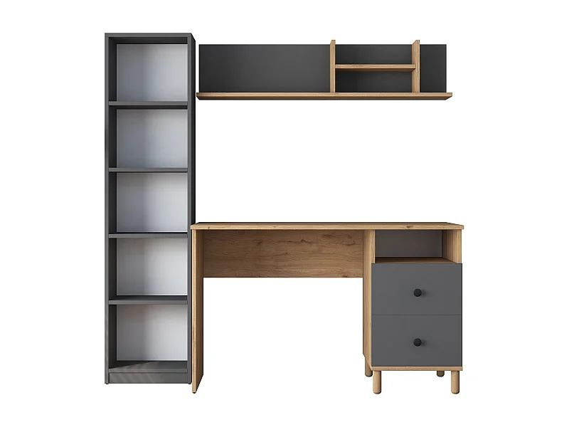 Secretária Steven com Prateleiras e Estante - Design Moderno em Nogueira e Antracite - 120x161.8x50 cm