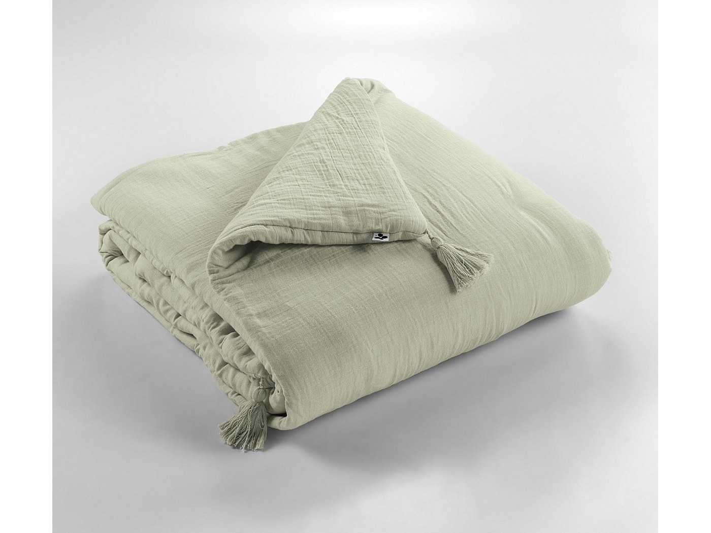 Meubletmoi Trapunta 150 x 150 cm garza di cotone verde e poliestere con rivestimento leggero e 4 pompon - biancheria da letto - Pepa 2