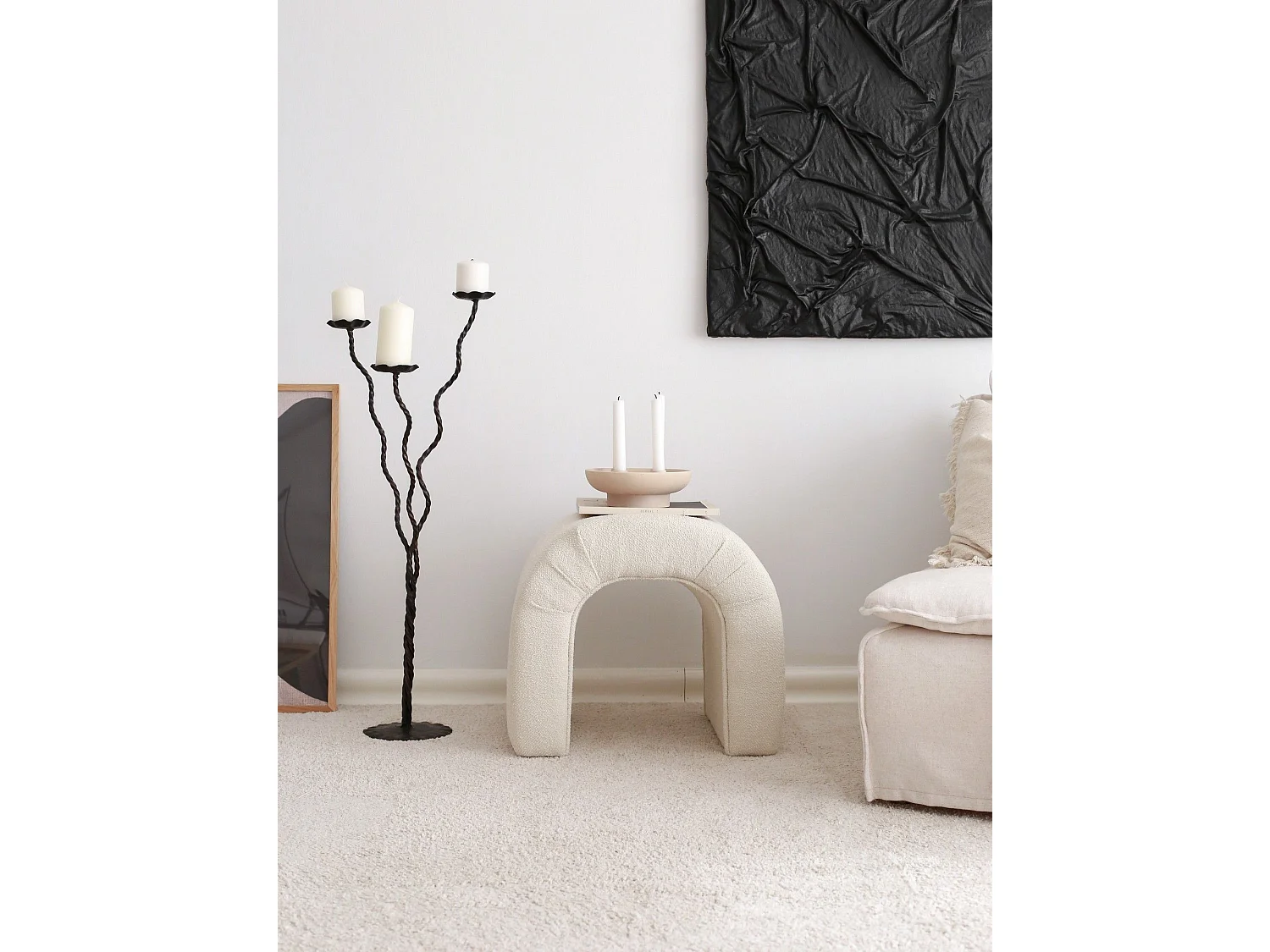 Pouf design Sara Tissu bouclette Blanc crème
