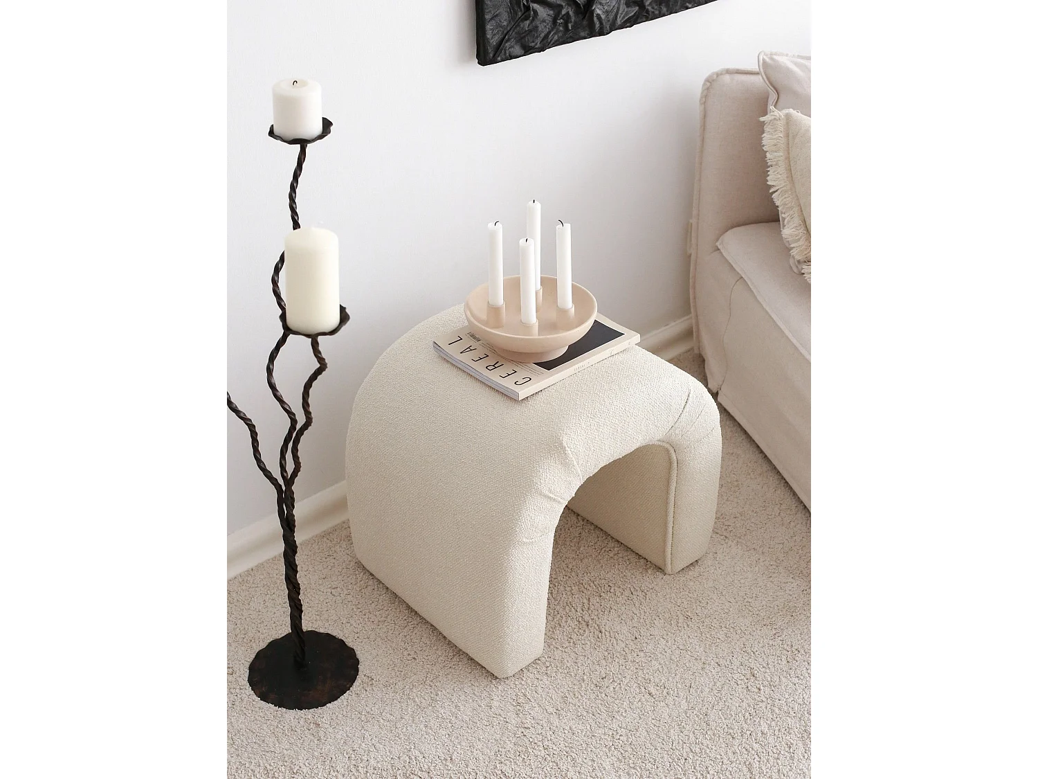 Pouf design Sara Tissu bouclette Blanc crème