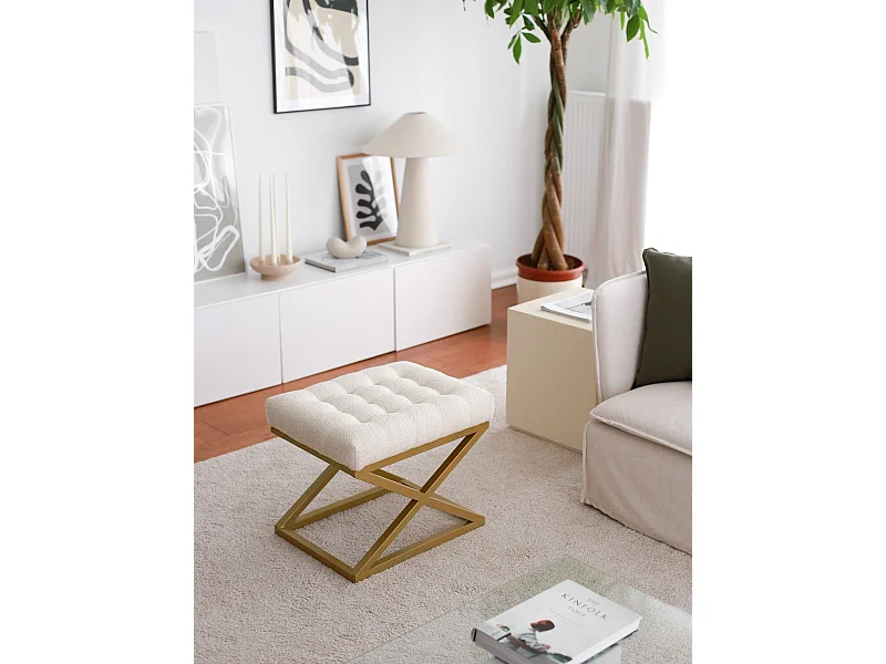 Tabouret assise capitonnée Ulad Métal Or et Tissu bouclette Blanc crème