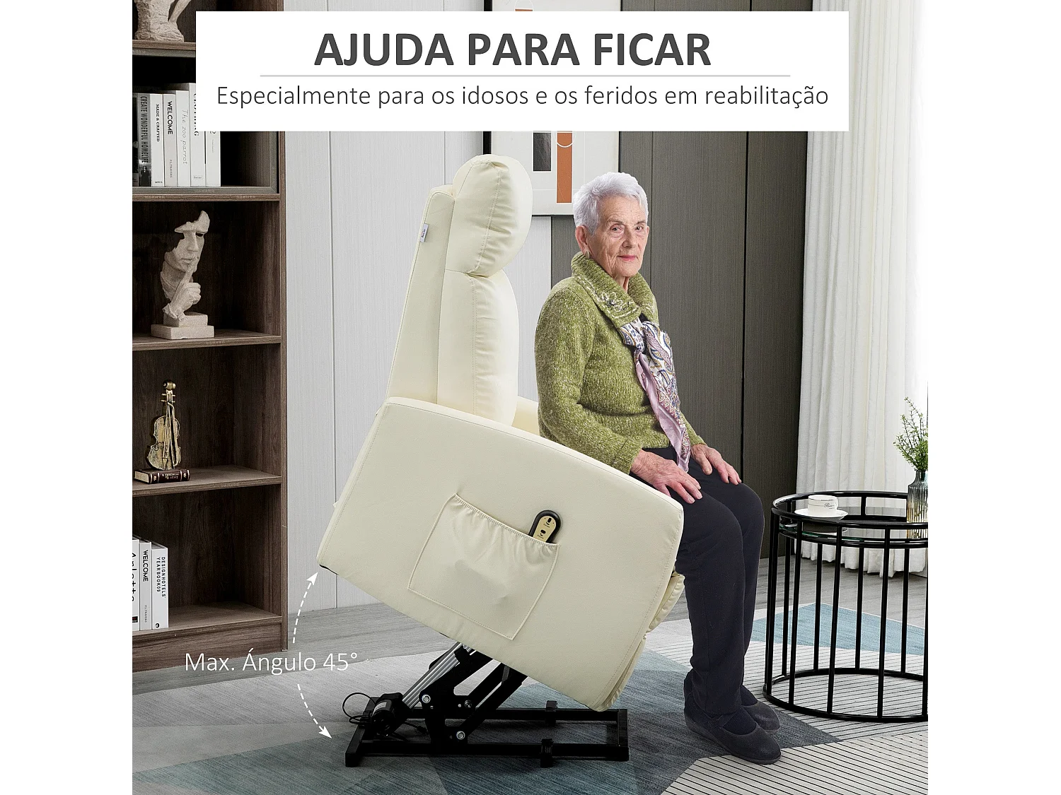 Sillón Glow Homcom elevable respaldo reclinable crema 105x67x95 cm