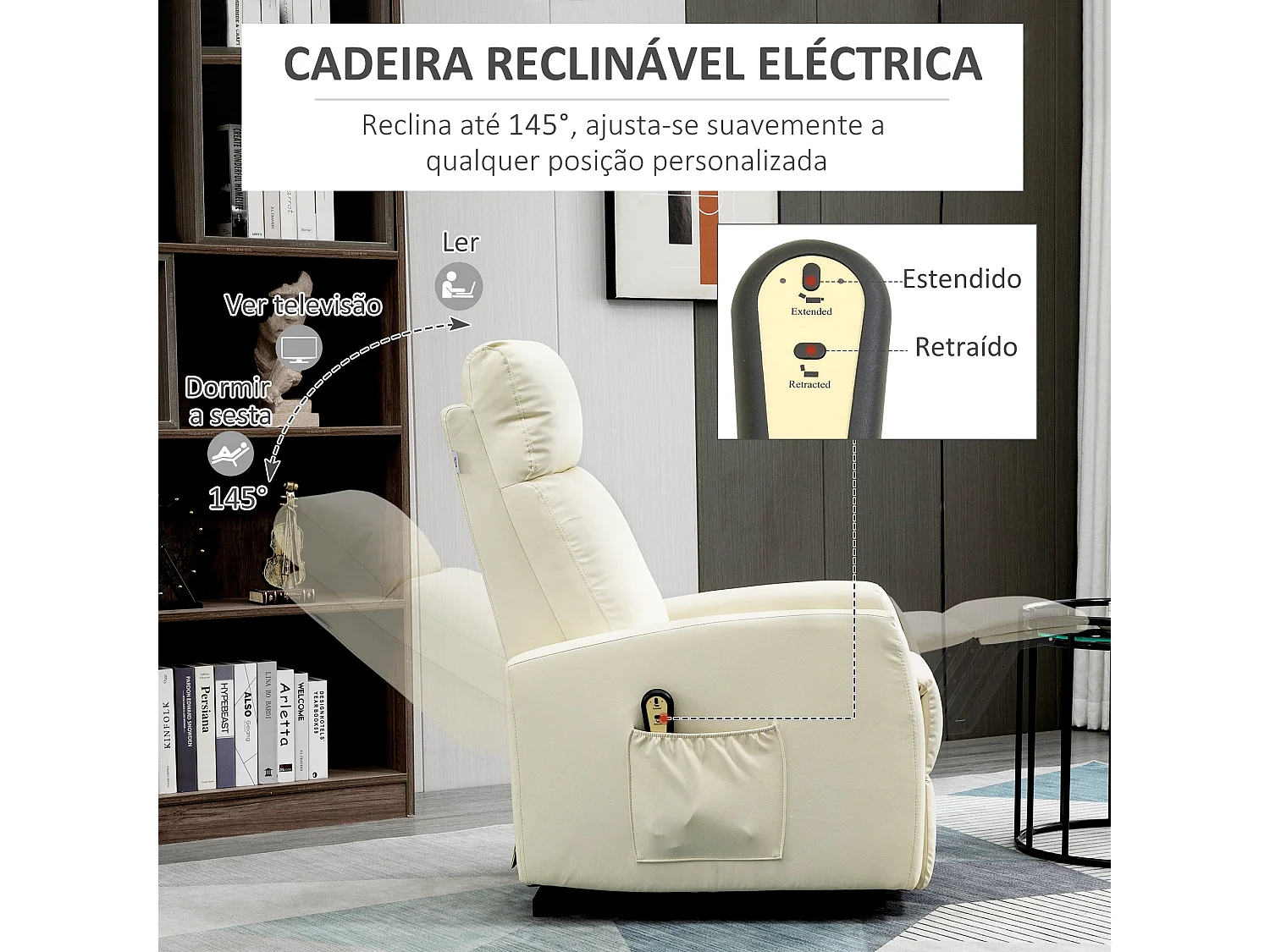 Poltrona Elétrica Reclinação 145° HOMCOM com Controle Remoto para Idosos e Pessoas com Mobilidade Reduzida