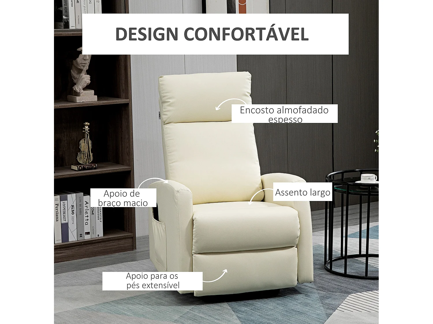 Sillón Glow Homcom elevable respaldo reclinable crema 105x67x95 cm