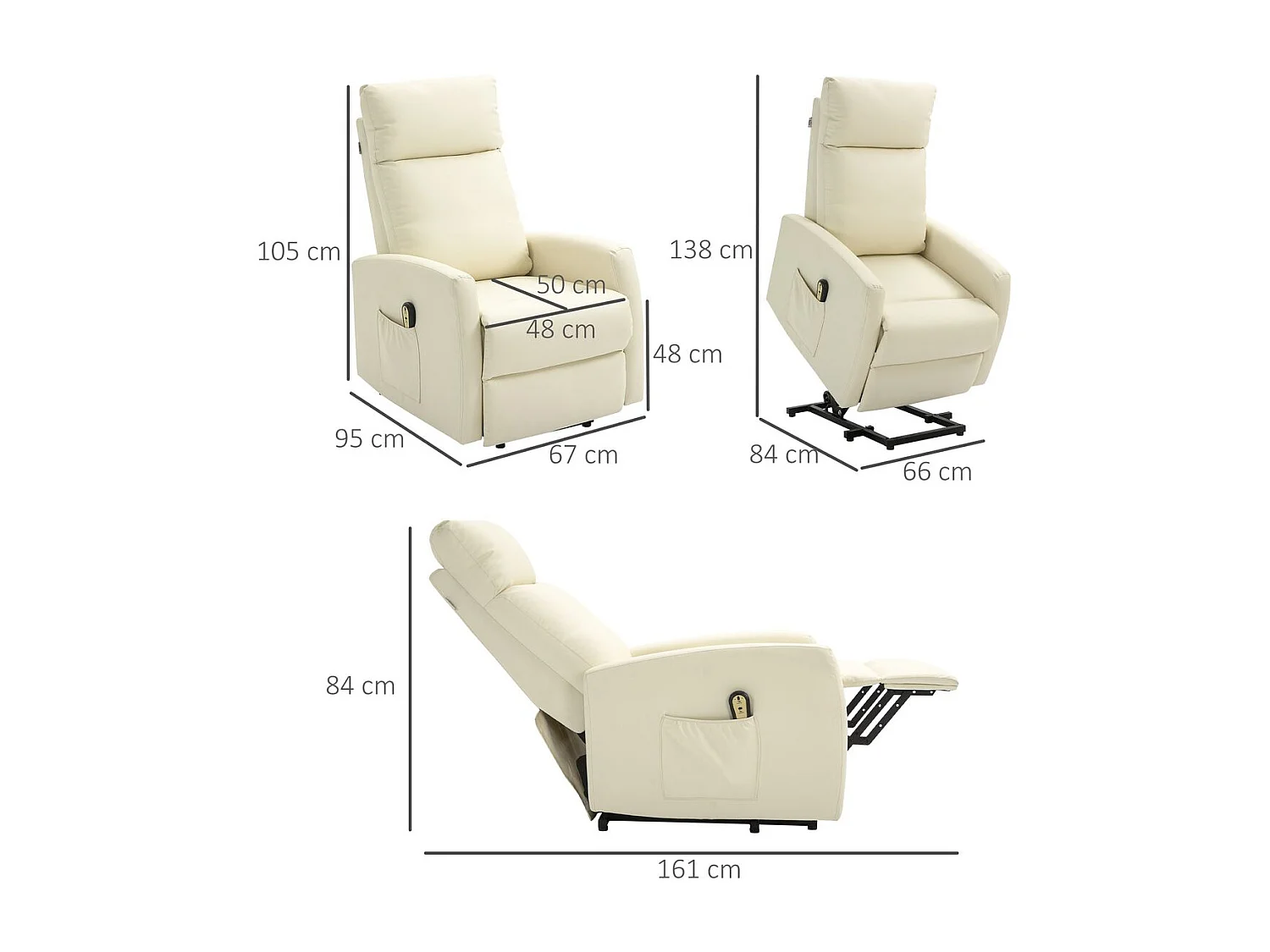Sillón Glow Homcom elevable respaldo reclinable crema 105x67x95 cm