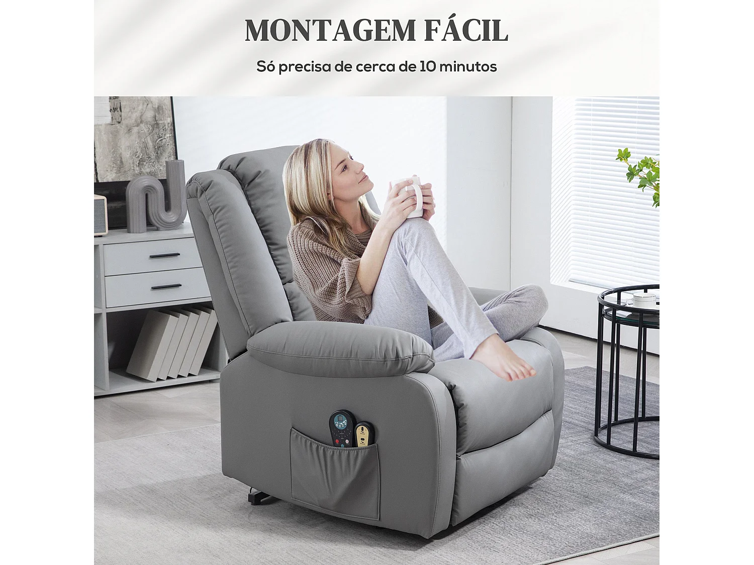 Poltrona Reclinável Elétrica com Massagem e Aquecimento - Design Moderno Cinza 89x93x105 cm