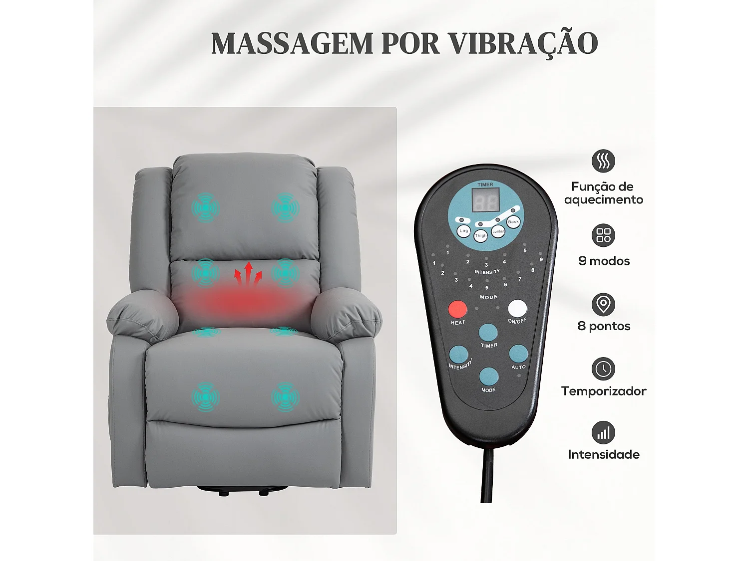 Poltrona Reclinável Elétrica com Massagem e Aquecimento - Design Moderno Cinza 89x93x105 cm