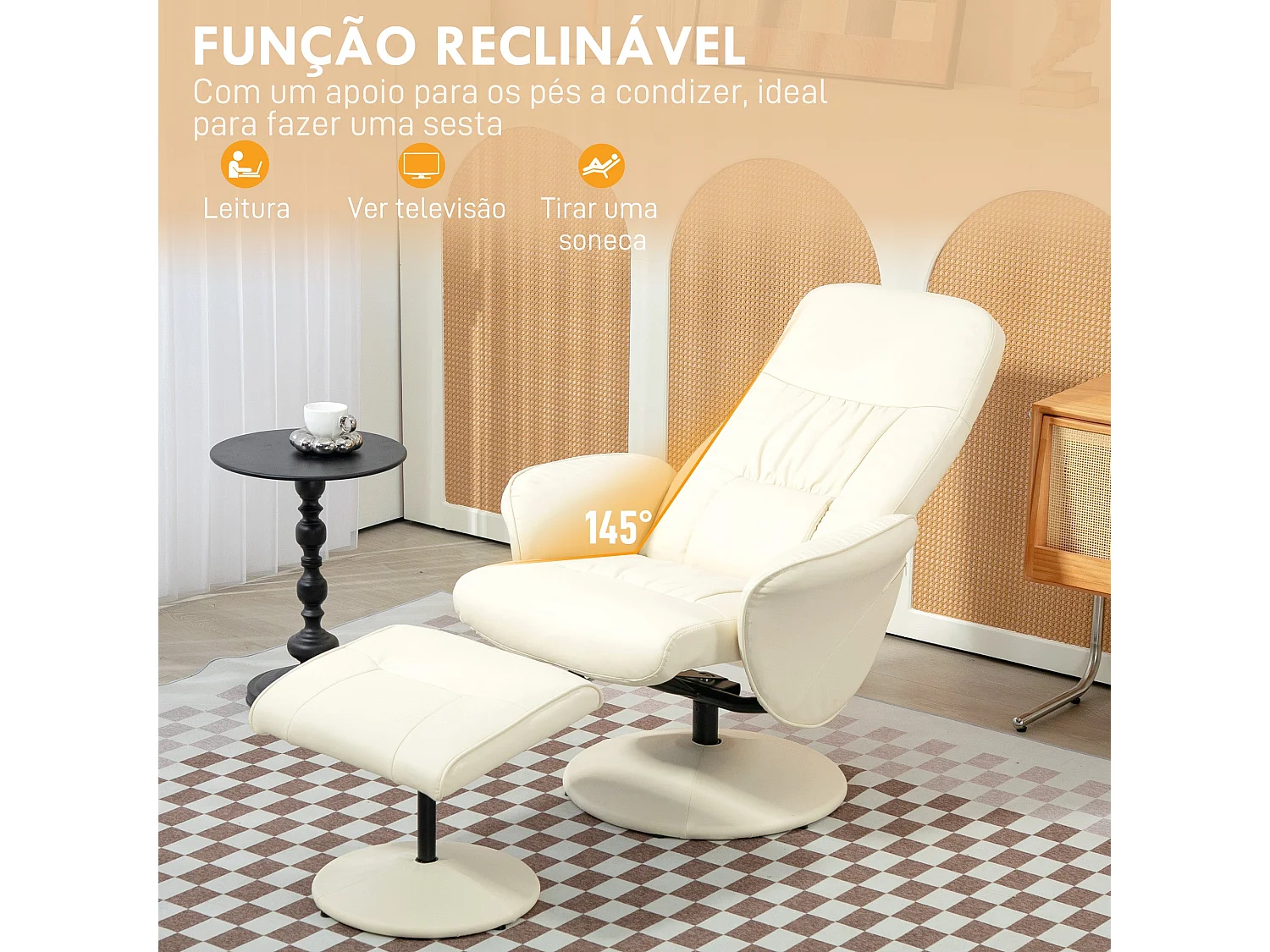 Poltrona Relax HOMCOM com Apoio para os Pés Reclinável até 145° e Giratória 360° em Creme