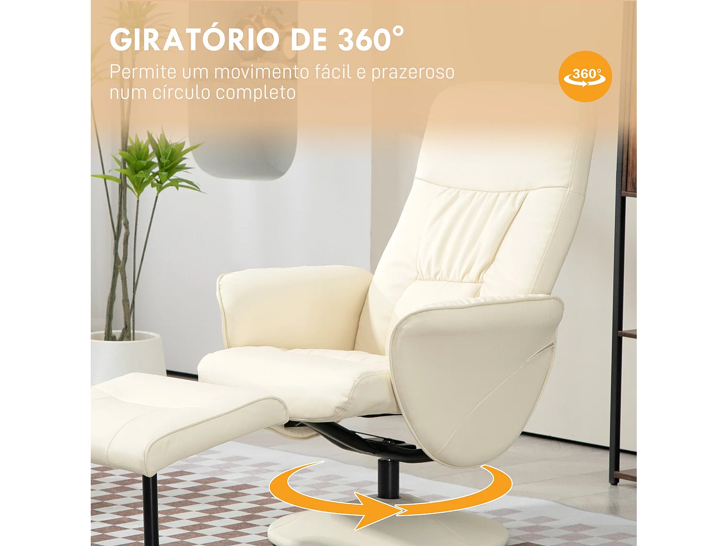 Poltrona Relax HOMCOM com Apoio para os Pés Reclinável até 145° e Giratória 360° em Creme