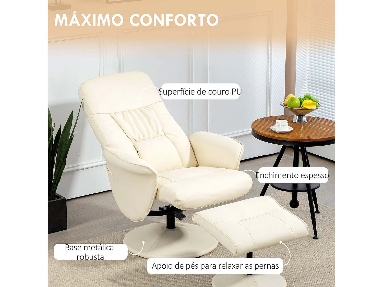 Poltrona Relax HOMCOM com Apoio para os Pés Reclinável até 145° e Giratória 360° em Creme