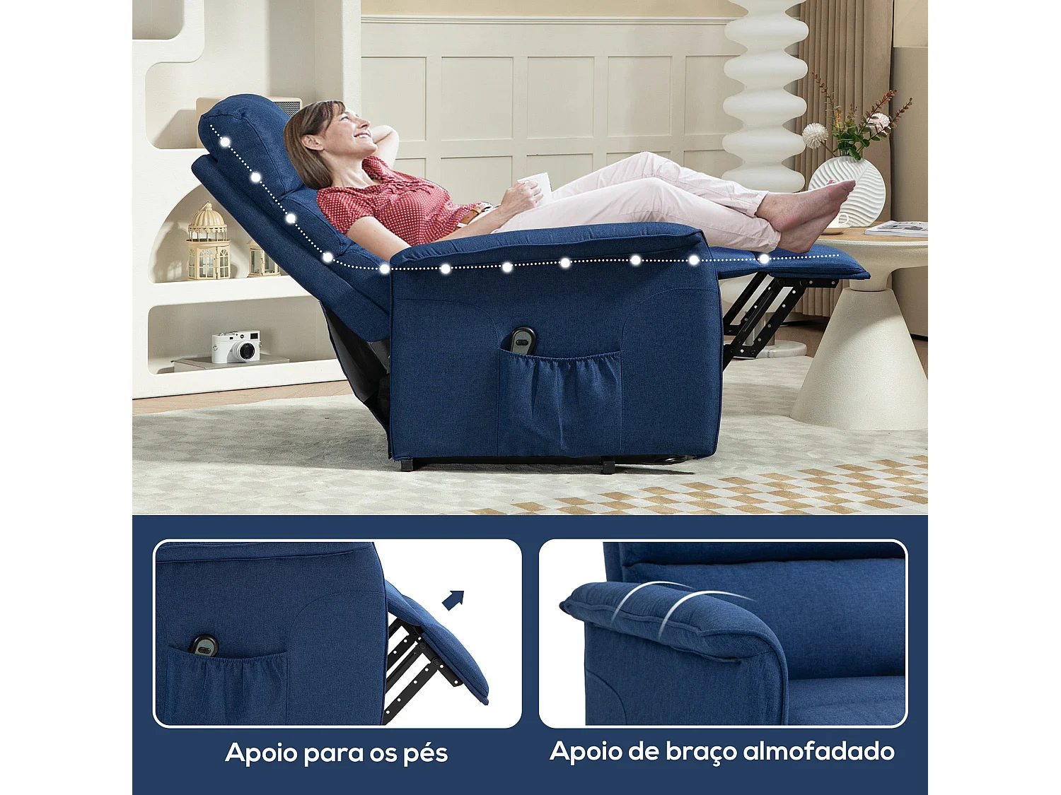 Sillón relax Marcelo Homcom reclinable sistema de elevación y mando a distancia azul 96x66x90 cm