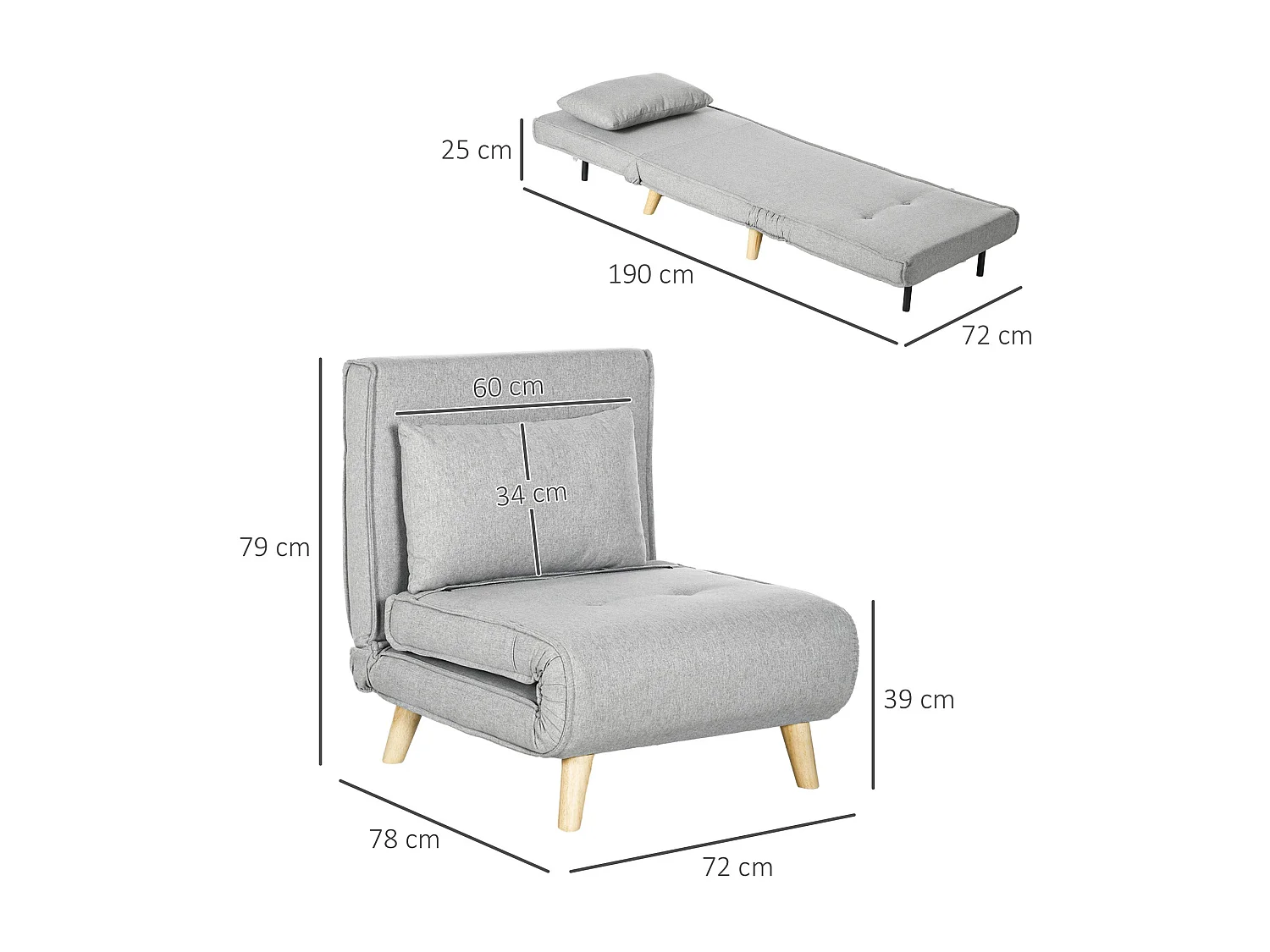 Sofá cama Martina Homcom respaldo ajustable 5 posiciones gris 79x72x78 cm