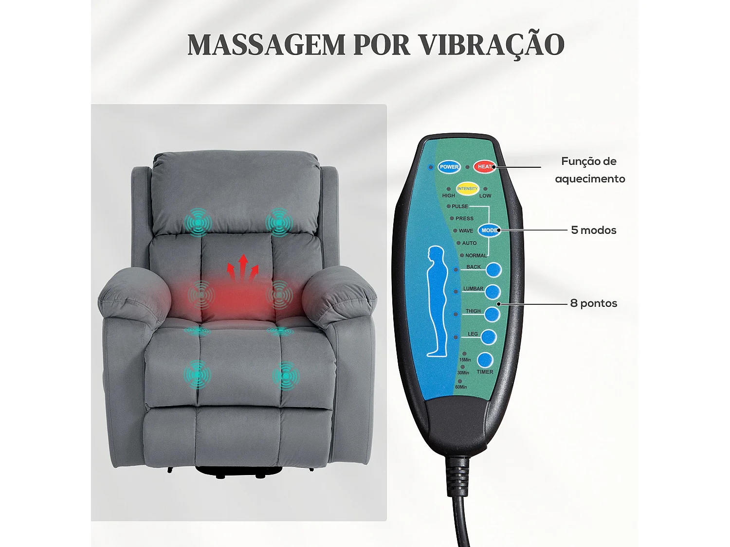 Sillón relax Leire Homcom eleva personas + masajeador + calefacción lumbar gris  103x90x95 cm