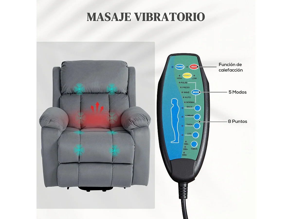 Sillón relax Leire Homcom eleva personas + masajeador + calefacción lumbar gris  103x90x95 cm