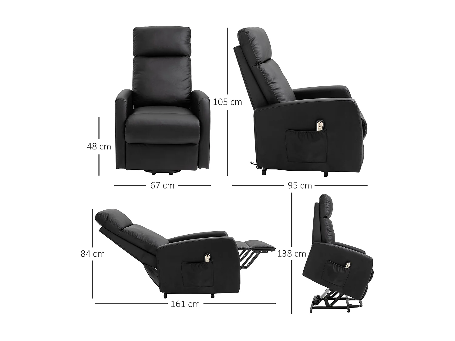 Sillón Glow Homcom elevable respaldo reclinable negro 105x67x95 cm