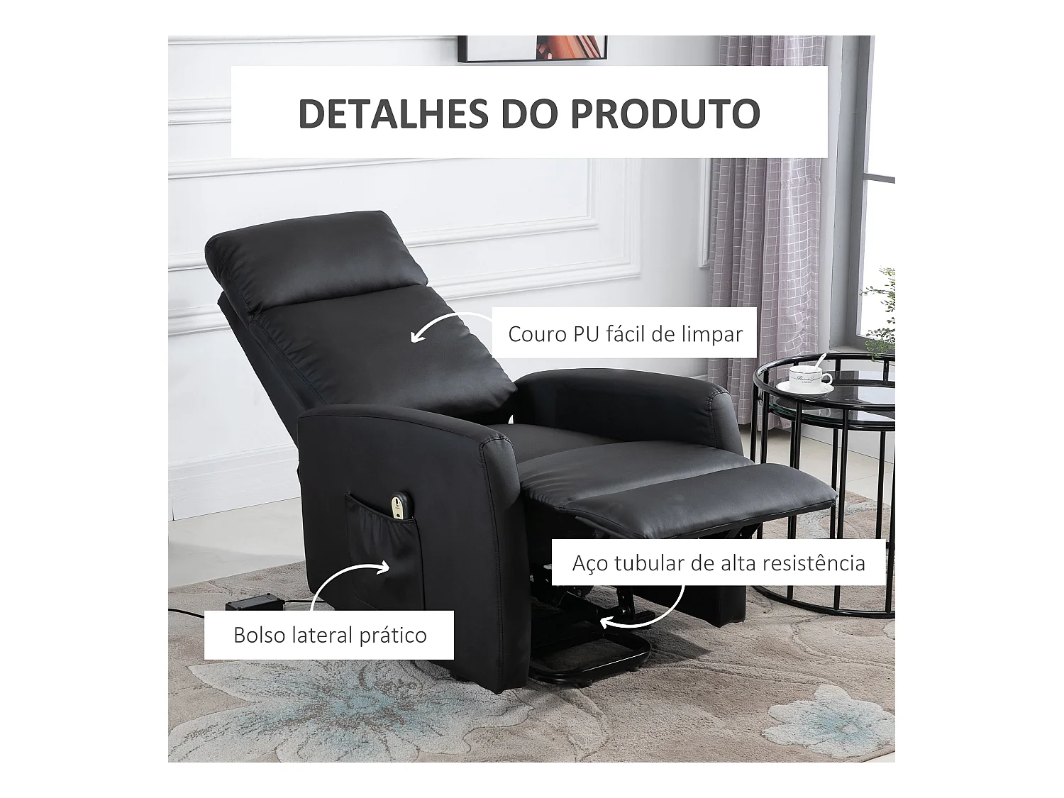 Sillón Glow Homcom elevable respaldo reclinable negro 105x67x95 cm