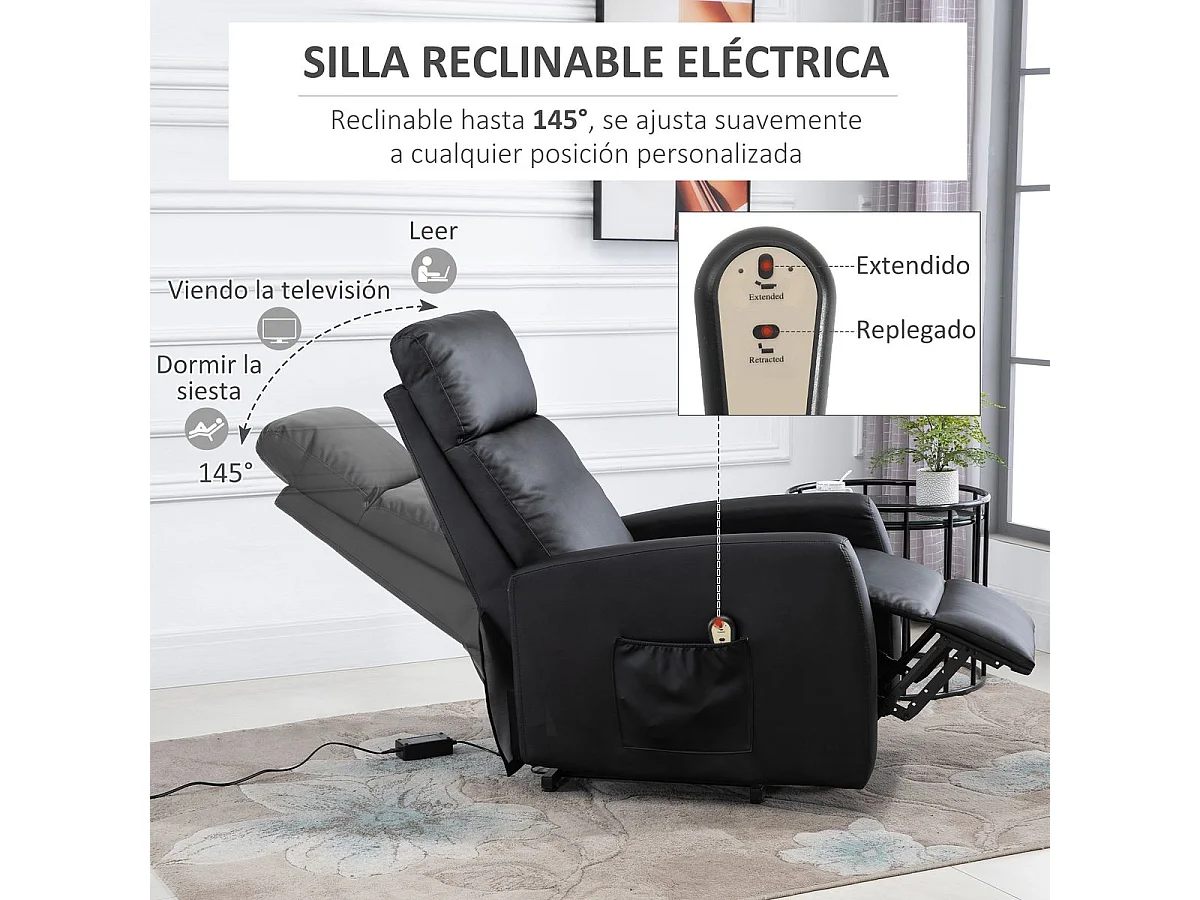 Sillón Glow Homcom elevable respaldo reclinable negro 105x67x95 cm