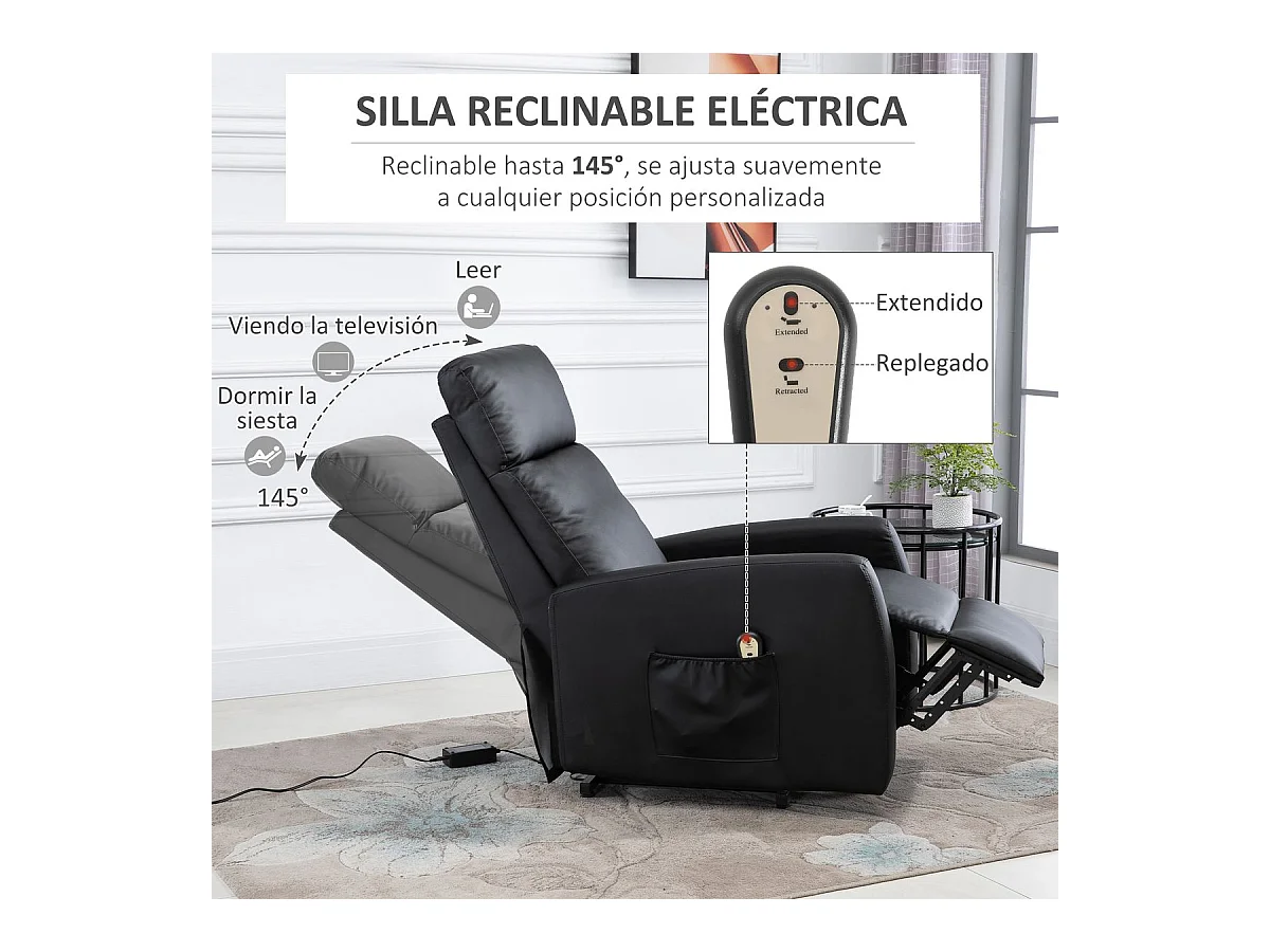 Sillón Glow Homcom elevable respaldo reclinable negro 105x67x95 cm