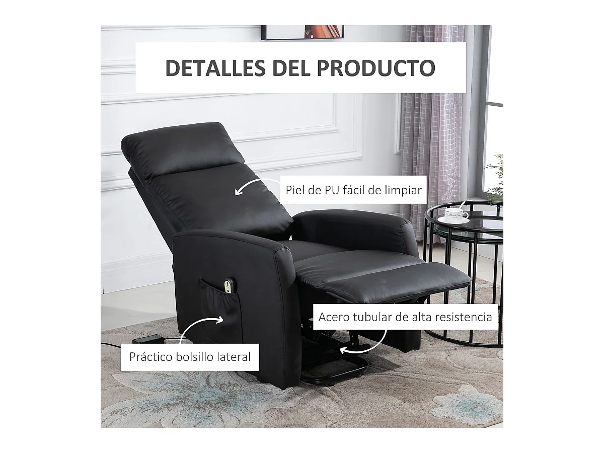 Sillón Glow Homcom elevable respaldo reclinable negro 105x67x95 cm