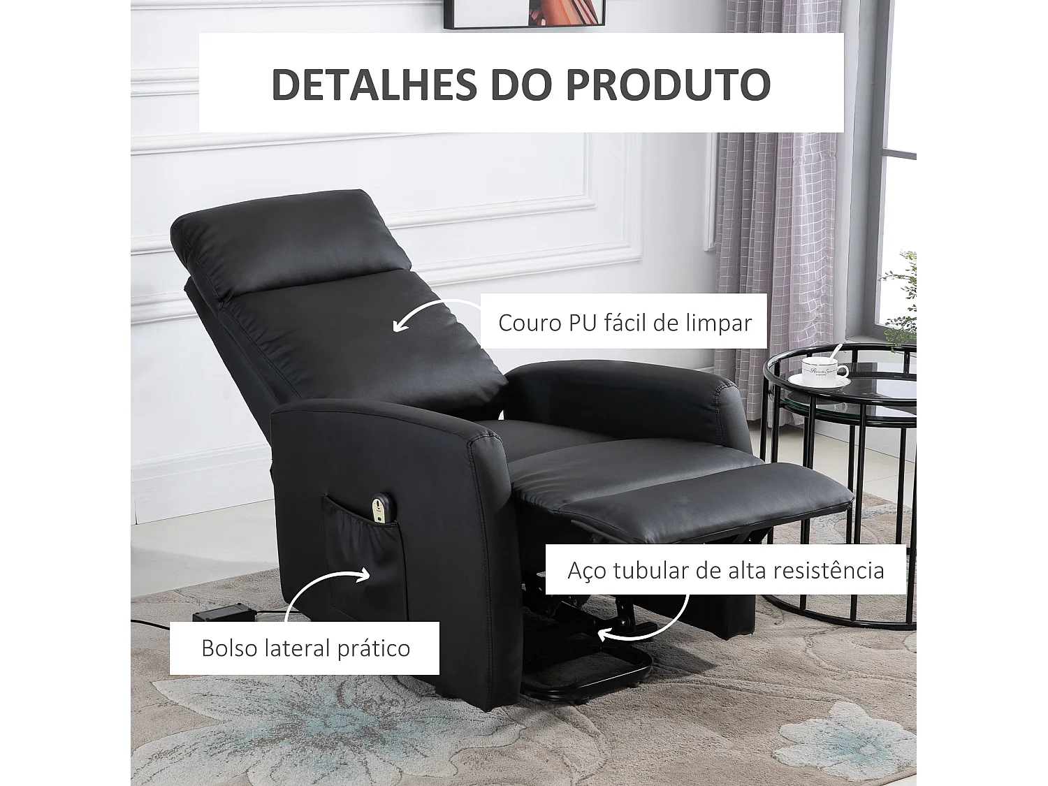 Poltrona Elétrica Reclinado a 145° com Controle Remoto para Idosos - HOMCOM