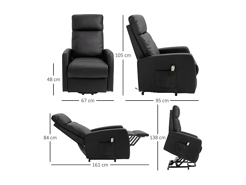 Sillón Glow Homcom elevable respaldo reclinable negro 105x67x95 cm
