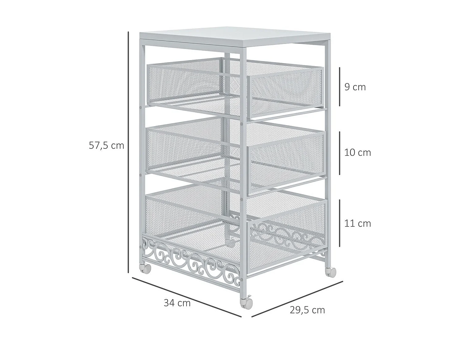 Carrinho Auxiliar de Armazenamento com 3 Níveis e Rodas para Cozinha e Casa de Banho - Branco