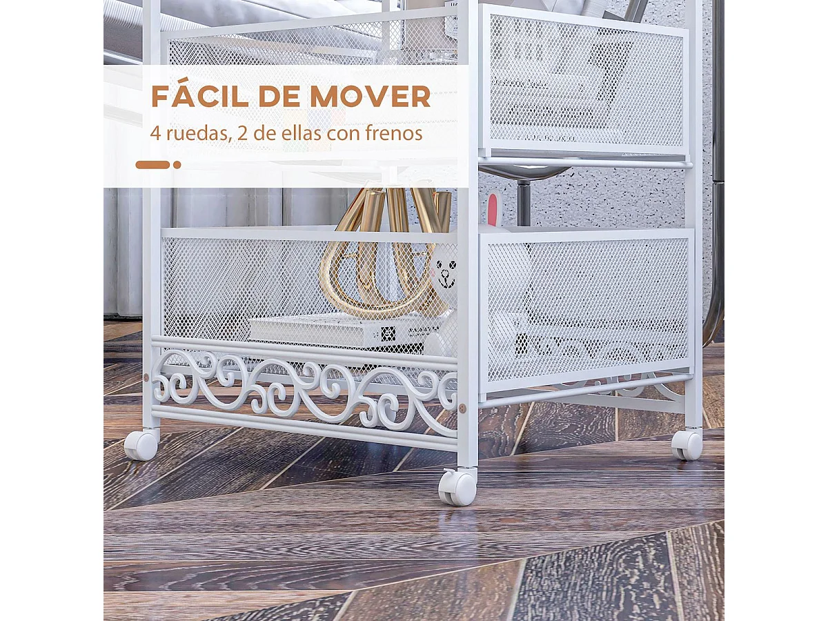 Carrinho Auxiliar de Armazenamento com 3 Níveis e Rodas para Cozinha e Casa de Banho - Branco