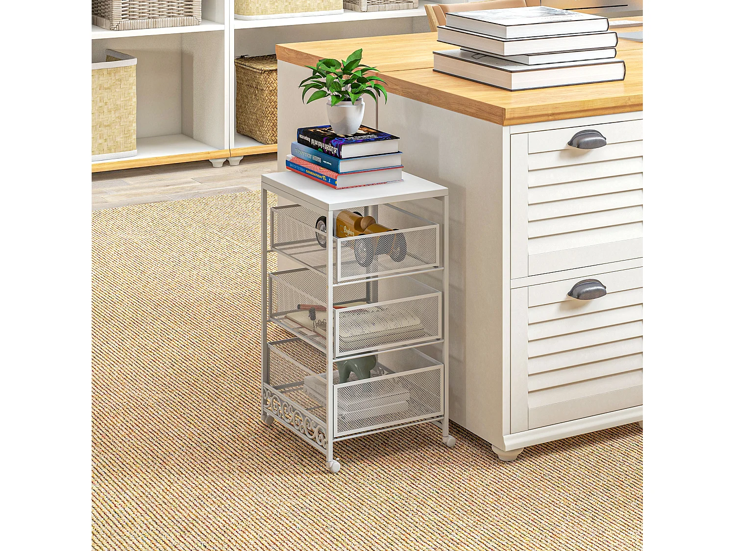 Carrinho Auxiliar de Armazenamento com 3 Níveis e Rodas para Cozinha e Casa de Banho - Branco