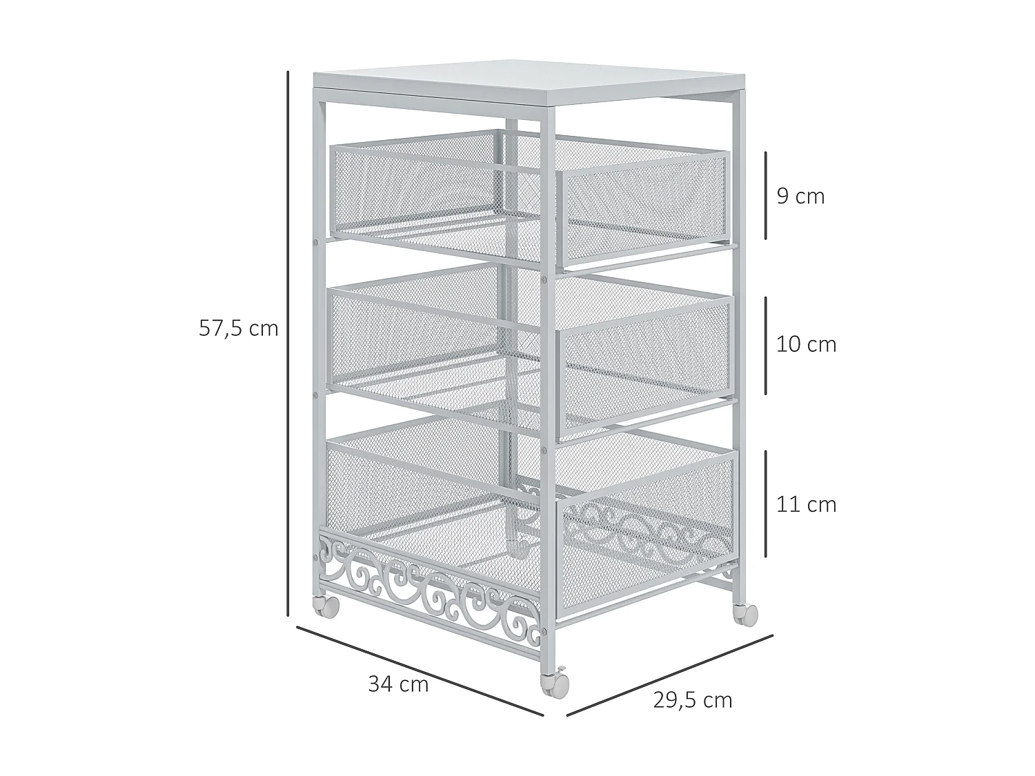 Carrinho Auxiliar de Armazenamento com 3 Níveis e Rodas para Cozinha e Casa de Banho - Branco