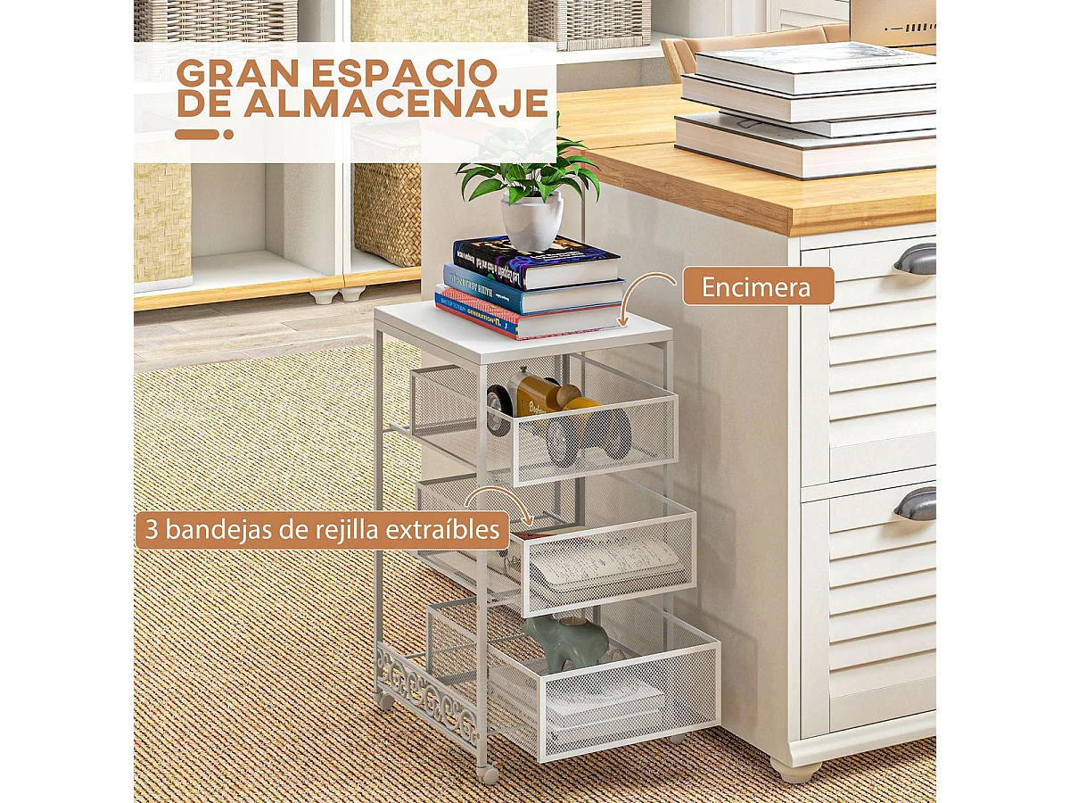 Carrinho Auxiliar de Armazenamento com 3 Níveis e Rodas para Cozinha e Casa de Banho - Branco