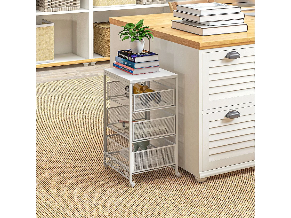 Carrinho Auxiliar de Armazenamento com 3 Níveis e Rodas para Cozinha e Casa de Banho - Branco