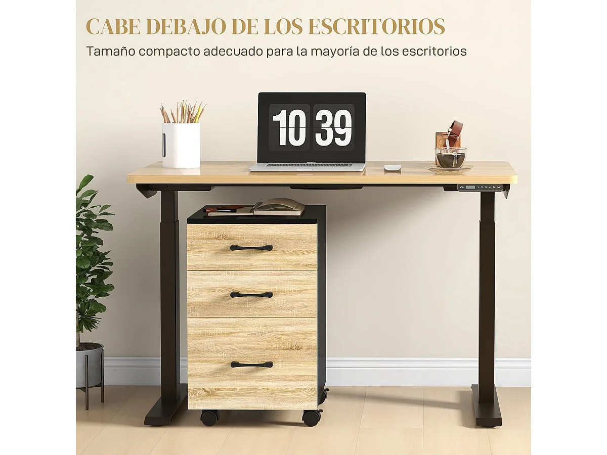 Bloco de Gavetas Móvel HOMCOM com 3 Gavetas e 4 Rodas para Organização de Escritório em Carvalho e Preto