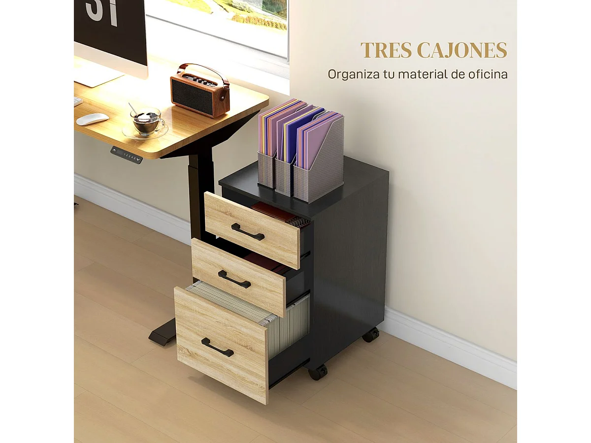 Bloco de Gavetas Móvel HOMCOM com 3 Gavetas e 4 Rodas para Organização de Escritório em Carvalho e Preto