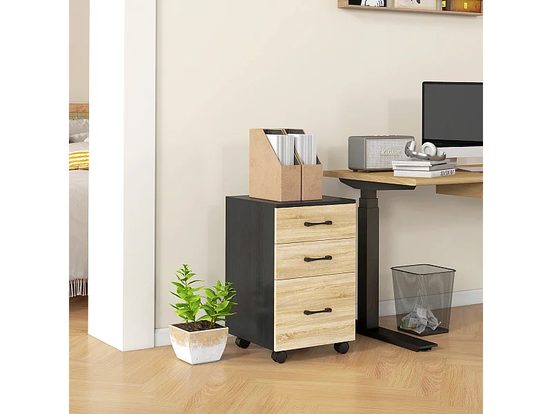 Bloco de Gavetas Móvel HOMCOM com 3 Gavetas e 4 Rodas para Organização de Escritório em Carvalho e Preto