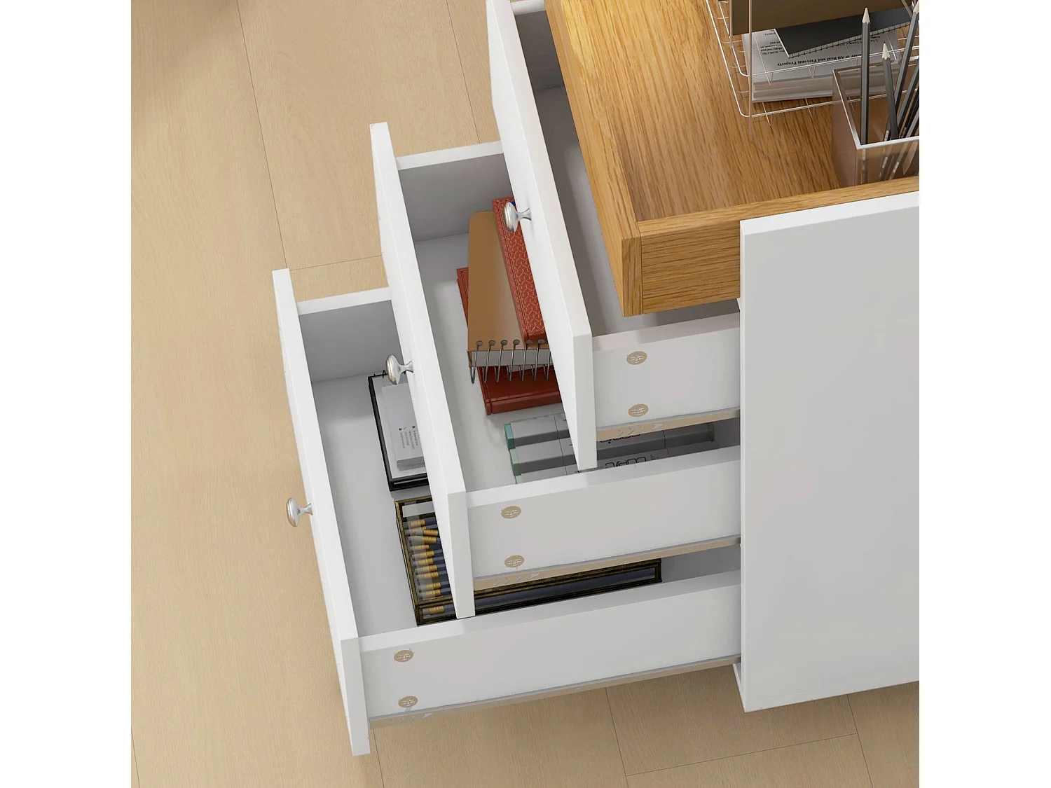 Móvel Arquivador HOMCOM com 3 Gavetas e Bandeja Amovível - Prático e Compacto em Branco e Natural