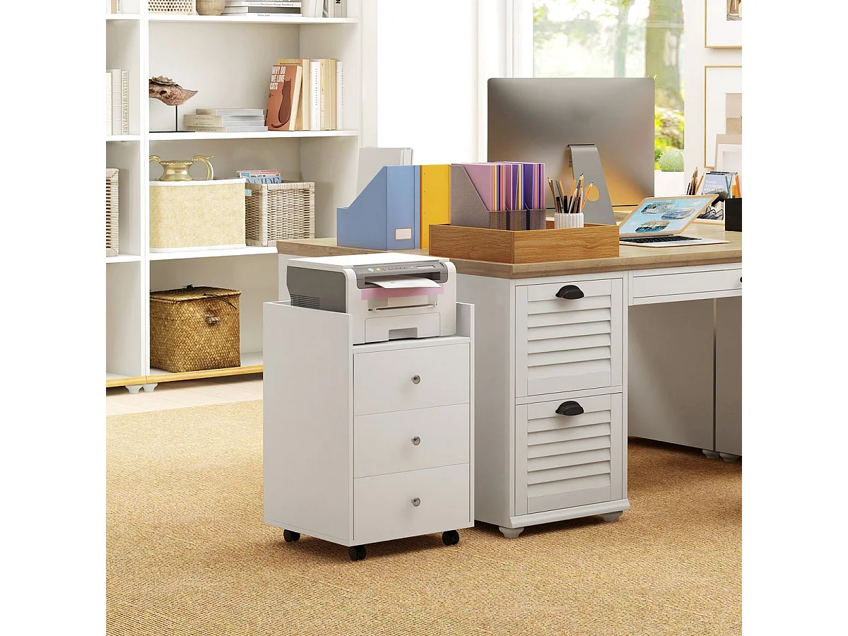 Móvel Arquivador HOMCOM com 3 Gavetas e Bandeja Amovível - Prático e Compacto em Branco e Natural