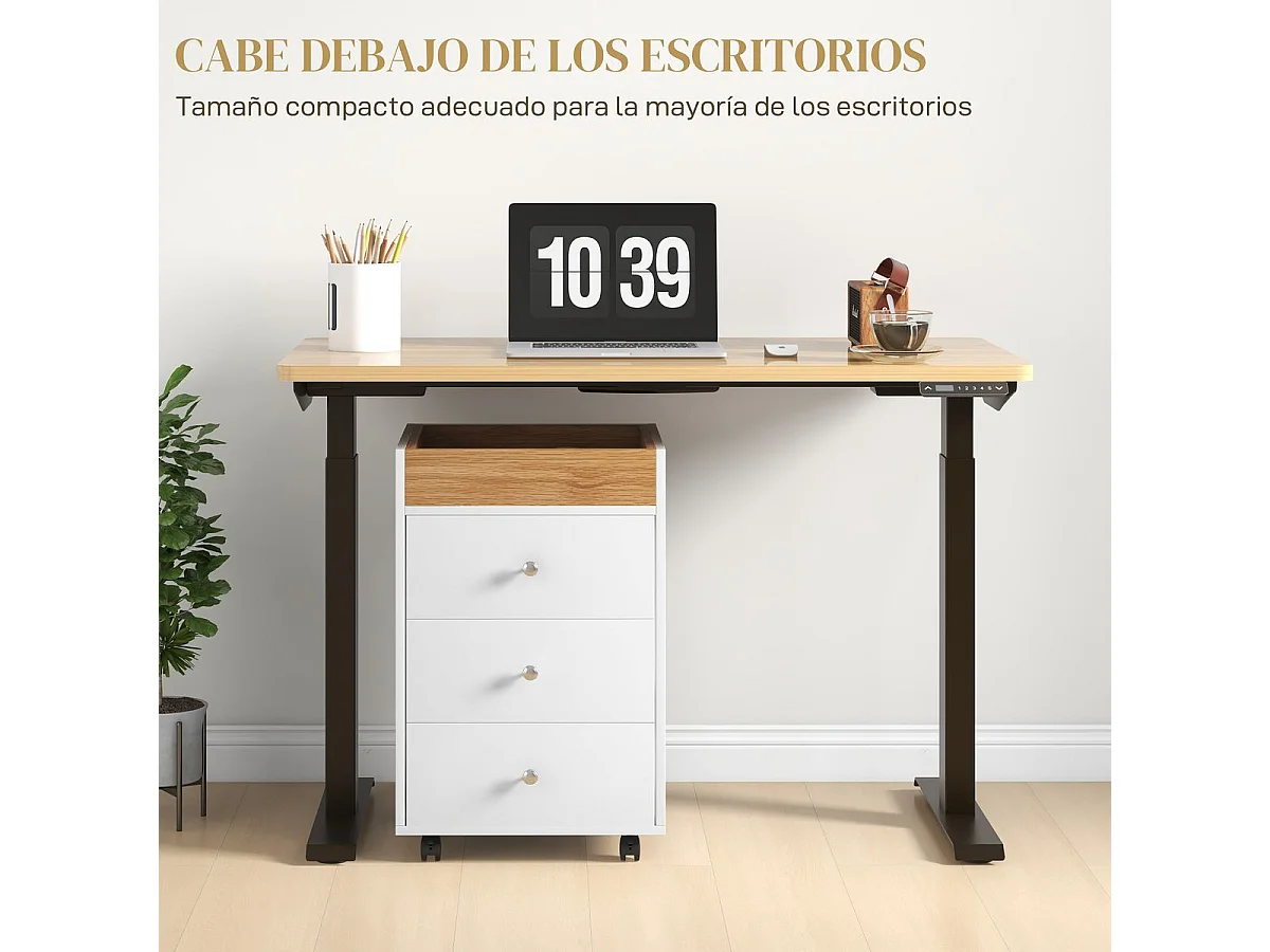 Móvel Arquivador HOMCOM com 3 Gavetas e Bandeja Amovível - Prático e Compacto em Branco e Natural