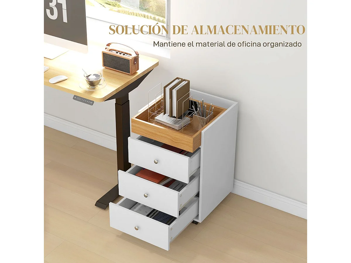 Móvel Arquivador HOMCOM com 3 Gavetas e Bandeja Amovível - Prático e Compacto em Branco e Natural