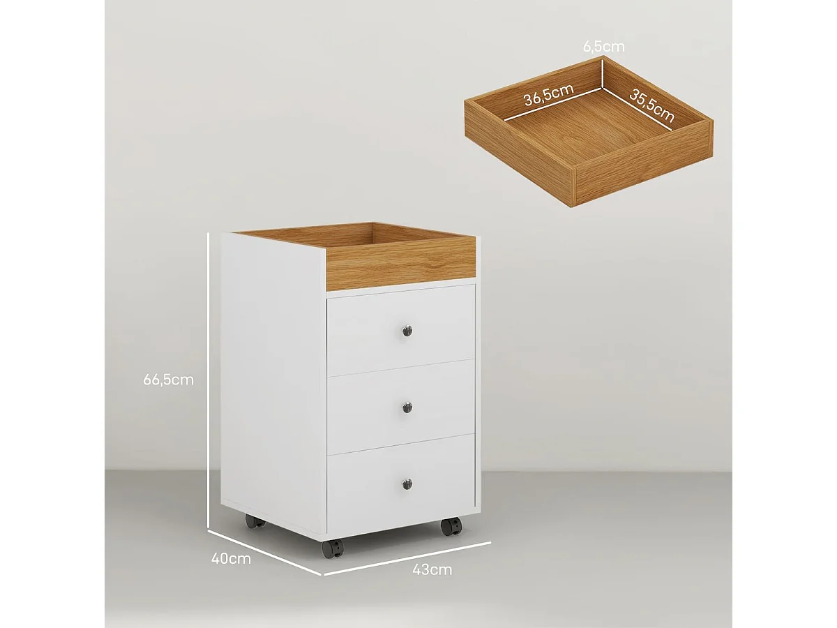 Móvel Arquivador HOMCOM com 3 Gavetas e Bandeja Amovível - Prático e Compacto em Branco e Natural