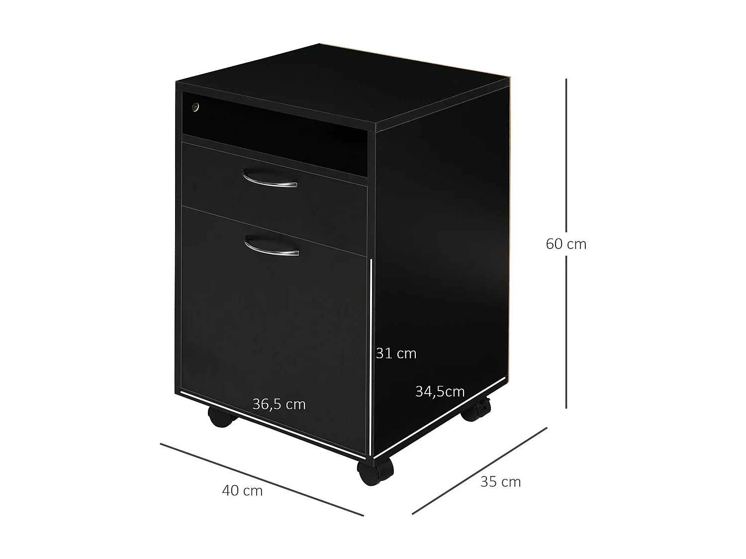 Bloco de Gavetas HOMCOM com Armário e Rodas - Móvel de Escritório Compacto Preto 40x35x60 cm