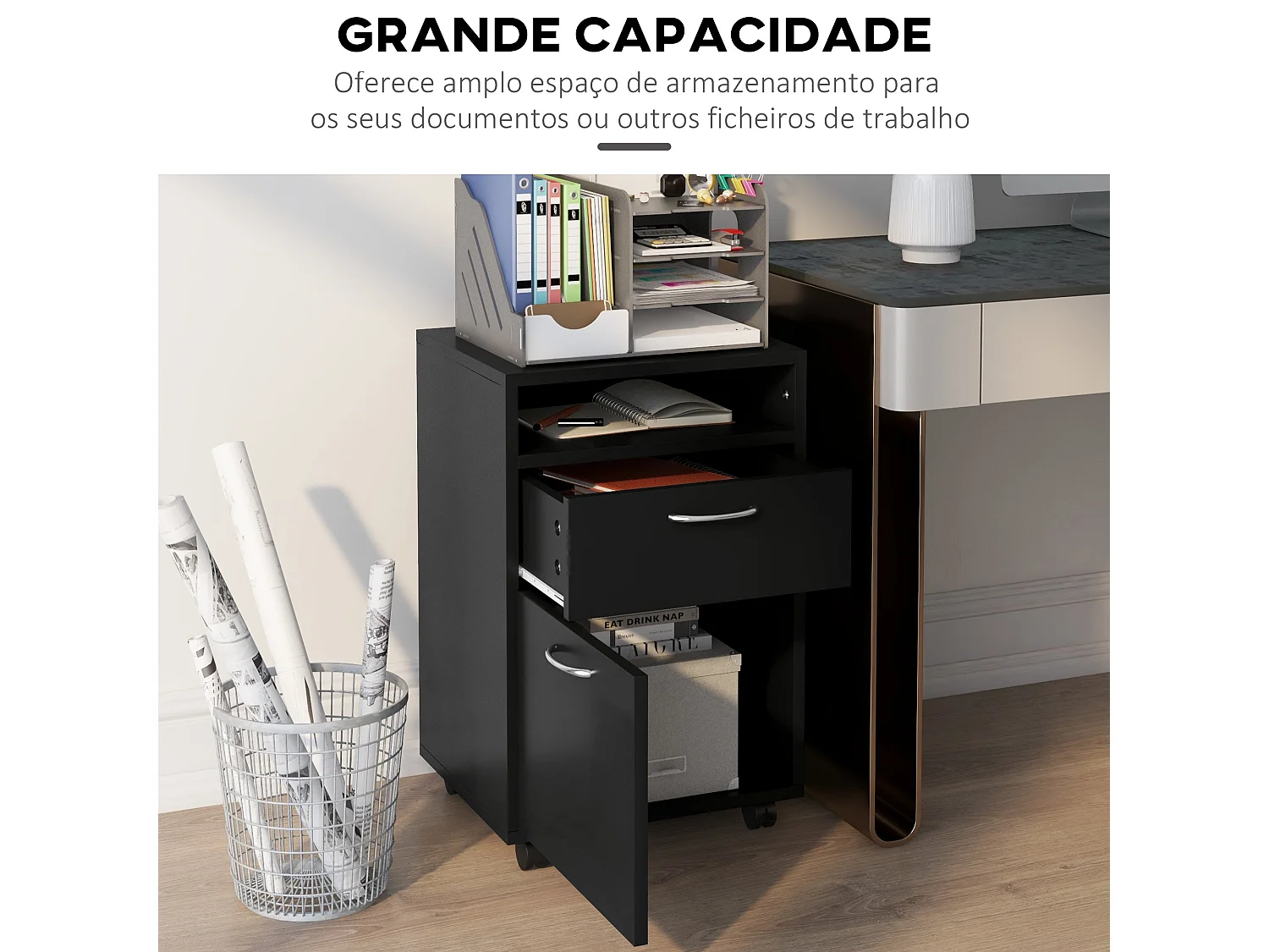 Bloco de Gavetas HOMCOM com Armário e Rodas - Móvel de Escritório Compacto Preto 40x35x60 cm