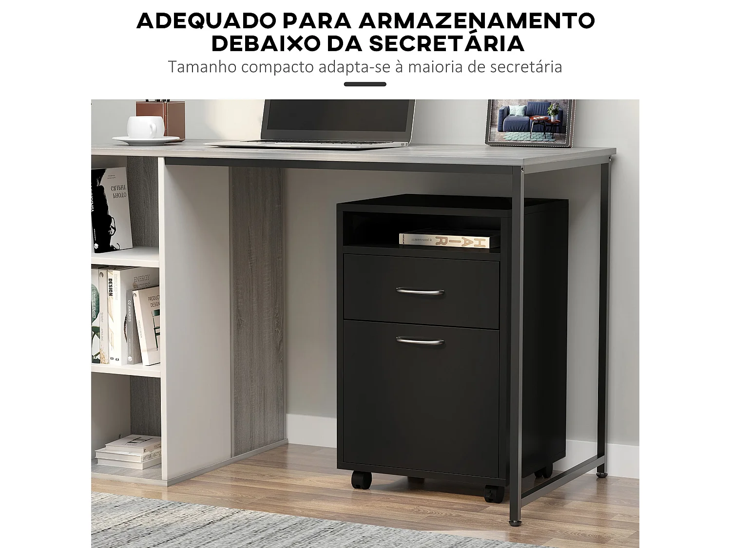 Bloco de Gavetas HOMCOM com Armário e Rodas - Móvel de Escritório Compacto Preto 40x35x60 cm