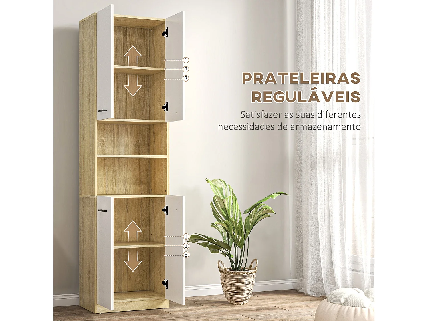 Armário Alto de Banho Kleankin com 4 Portas e Prateleiras Ajustáveis em Branco e Madeira