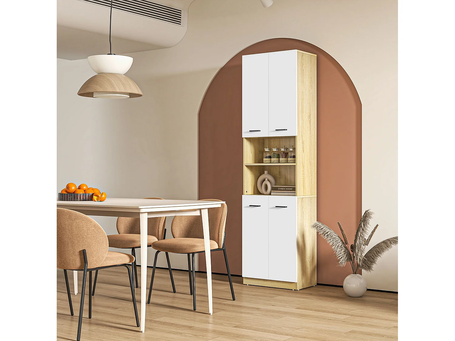 Armário Alto de Banho Kleankin com 4 Portas e Prateleiras Ajustáveis em Branco e Madeira