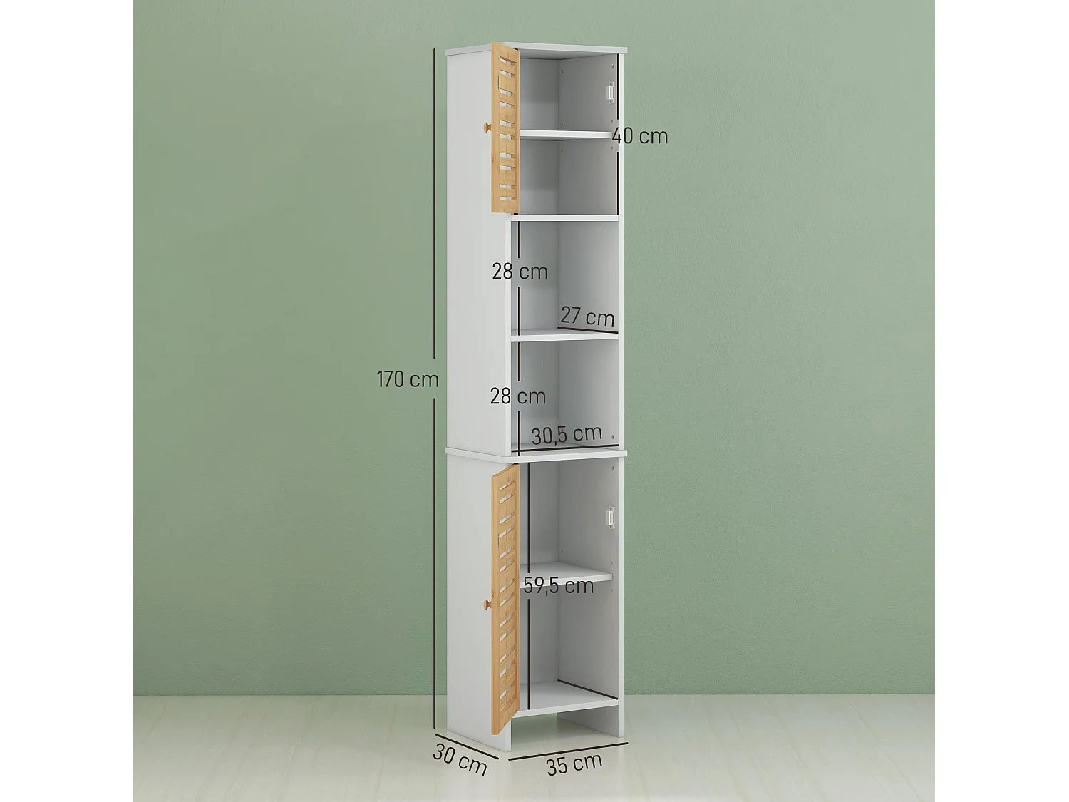 Coluna de Banho HOMCOM Moderna com Armários e Prateleiras Ajustáveis em Bambu - 35x30x170 cm